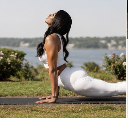 Latrice Traylor mid yoga cobra pose on a waterfront lawn, from her own brand photography