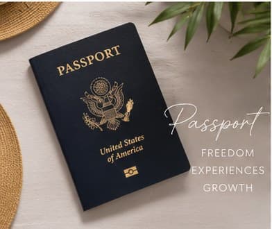 A United States passport styled on a sun hat, from her own brand photography